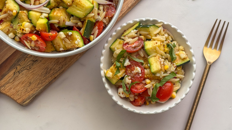 orzo pasta salad serving in bowl