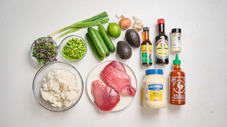 Tuna crispy rice bowl ingredients on a table