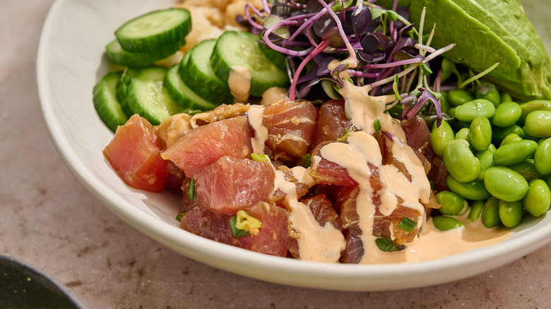 close up of ahi tuna in a bowl