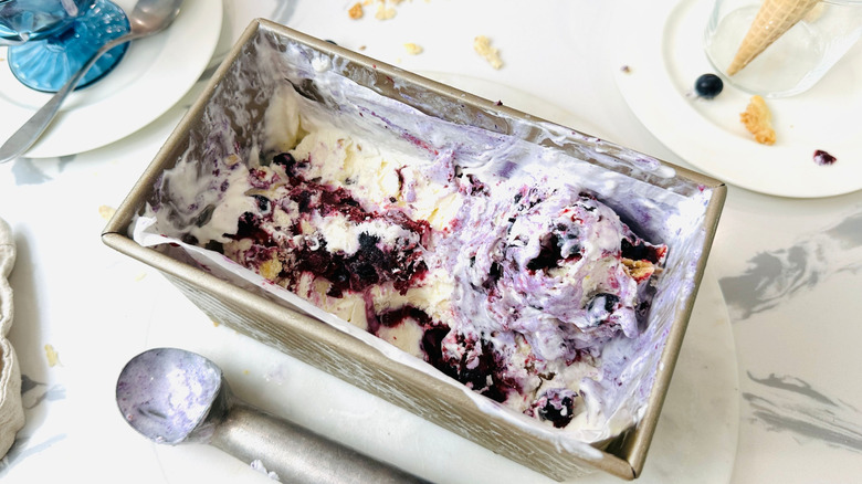 Blueberry pie ice cream in loaf pan