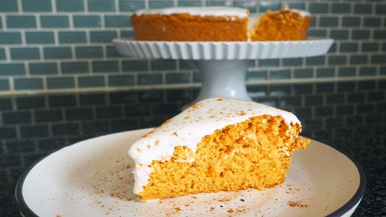 Slice of marshmallow pumpkin cake on plate