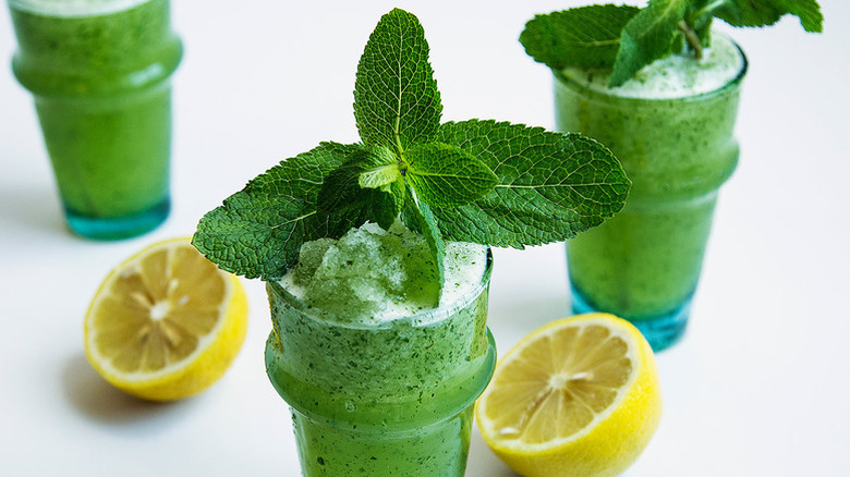 Frozen green drinks garnished with mint