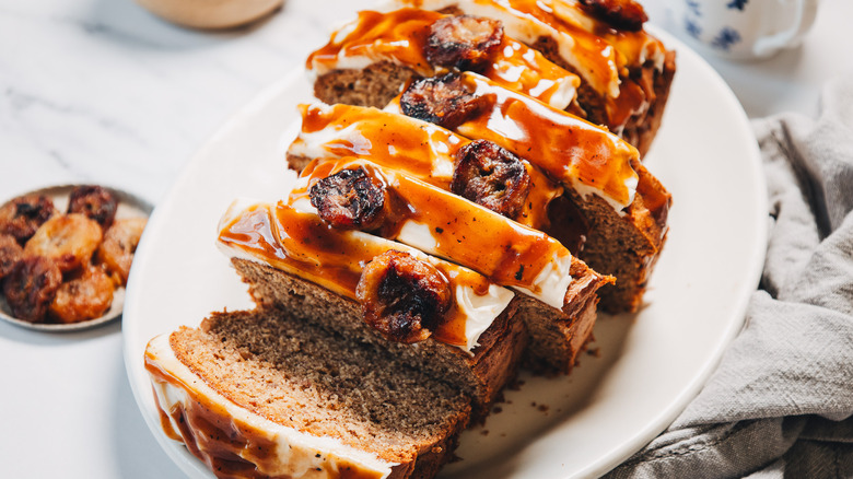 Overhead view of sliced banana bread.