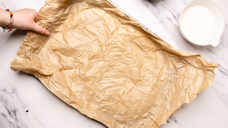 Baking sheet with parchment.