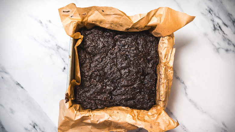 Baked brownies in pan.
