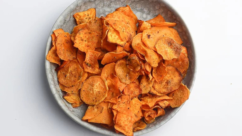 Air Fryer Sweet Potato Chips on grey plate
