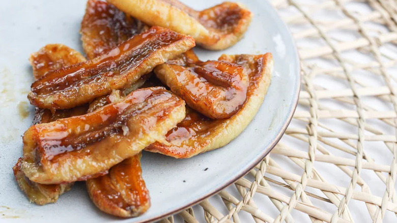 Air Fryer Bananas on white plate