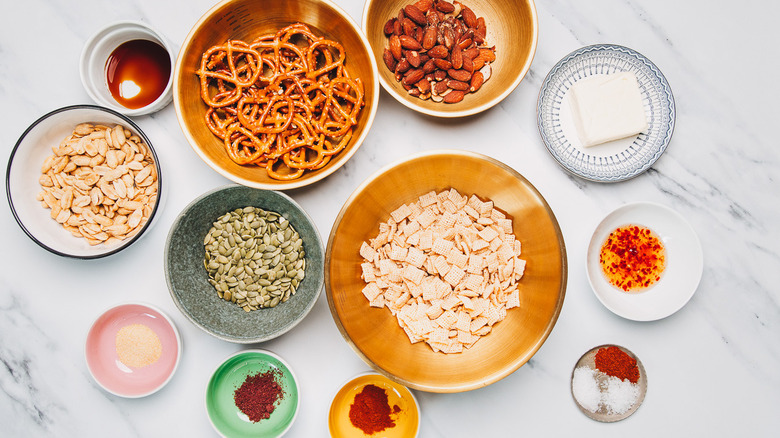 Ingredients for this spicy snack mix recipe