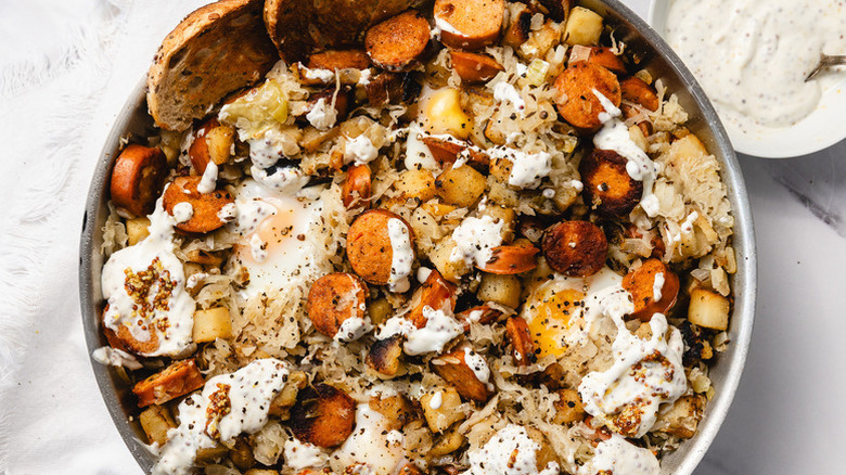Breakfast skillet with smoked sausage and sauerkraut