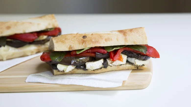 Mediterranean Eggplant Panini on wooden board