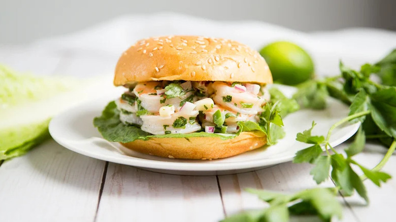 Peruvian-Inspired Shrimp Salad Sandwich on white plate