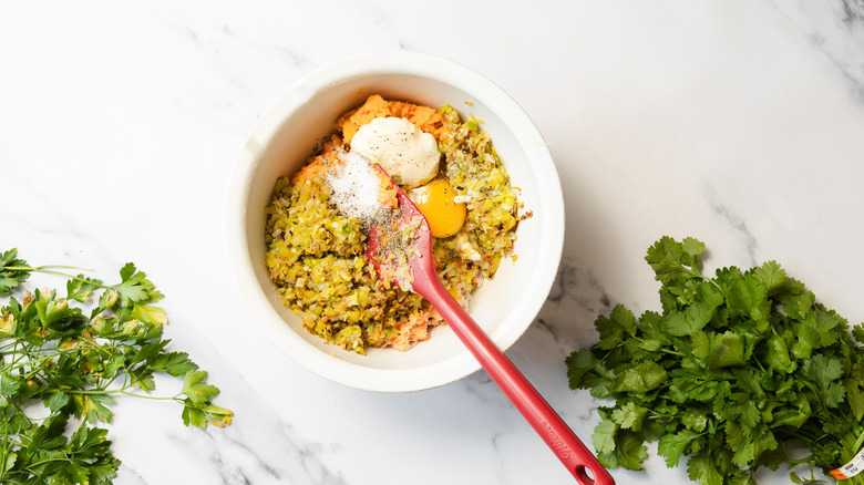 Crab cake mixture in bowl