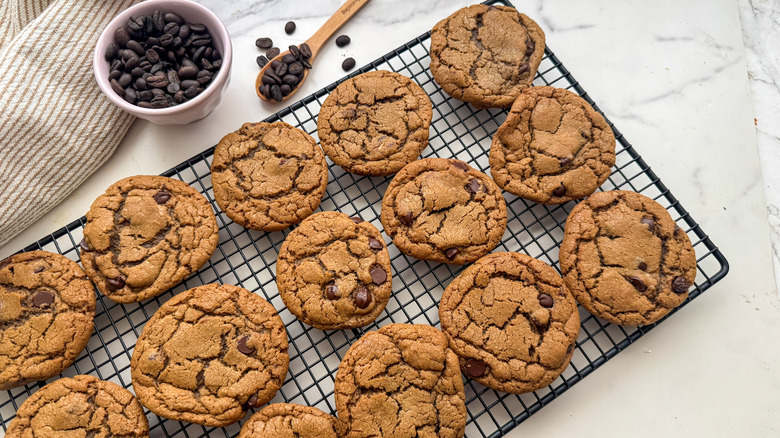 coffee chocolate chip cookies on cooling rack