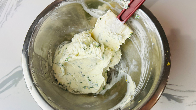 Herby cream cheese mixture in bowl