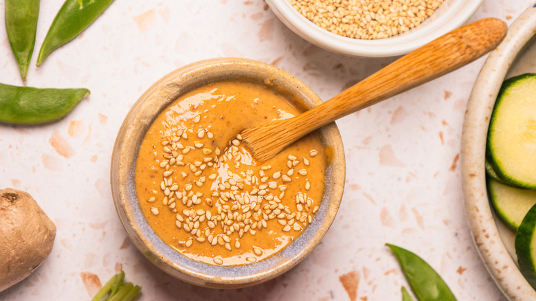 Overhead view of sesame dressing.