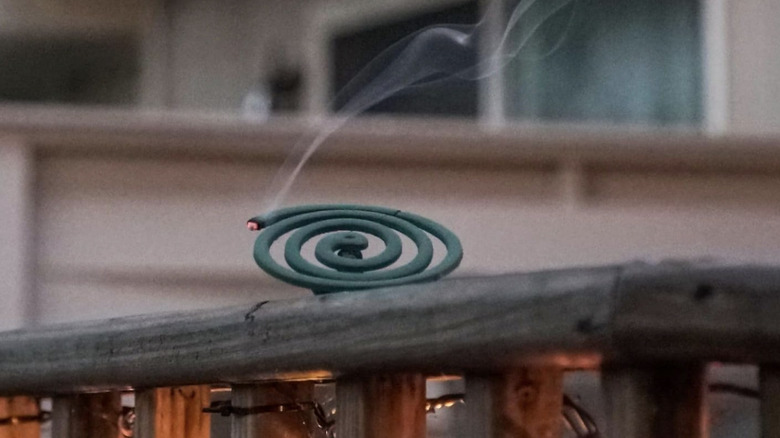 A green mosquito repellent coil burning on the wooden railing of a patio