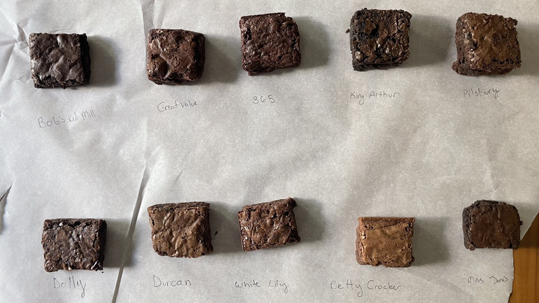 Different brownie squares laid out on a sheet of parchment paper and labeled