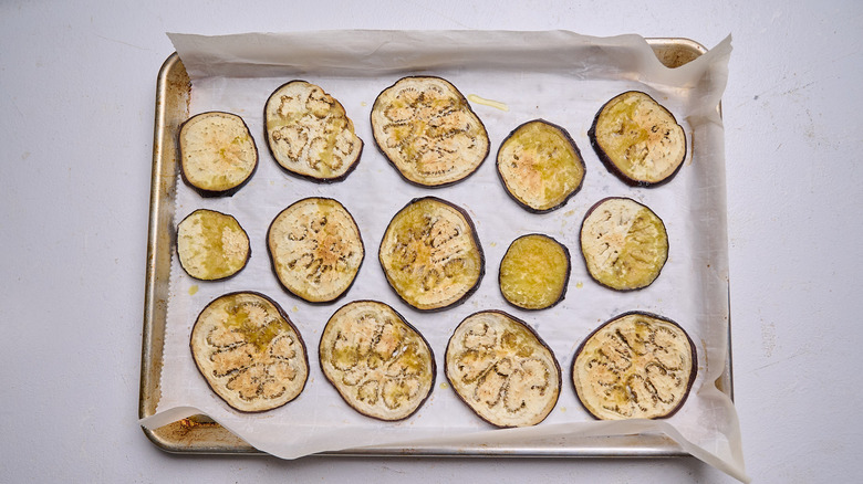 roasted eggplant on a sheet tray