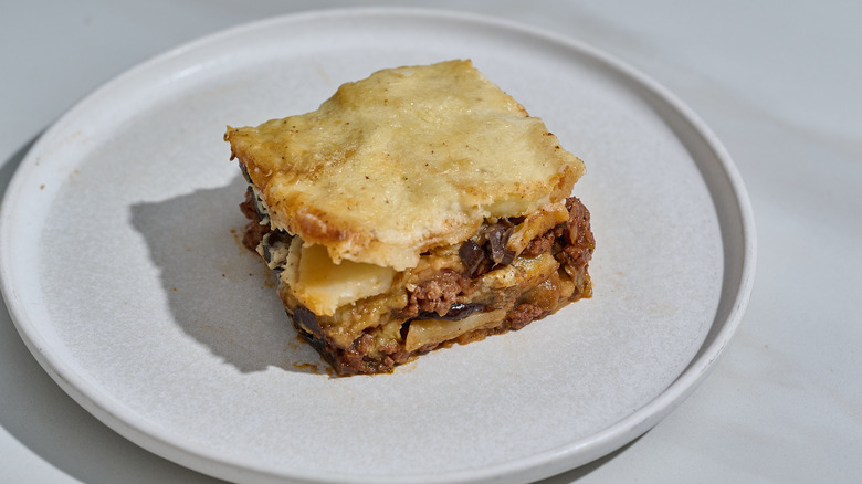 slice of moussaka on a plate