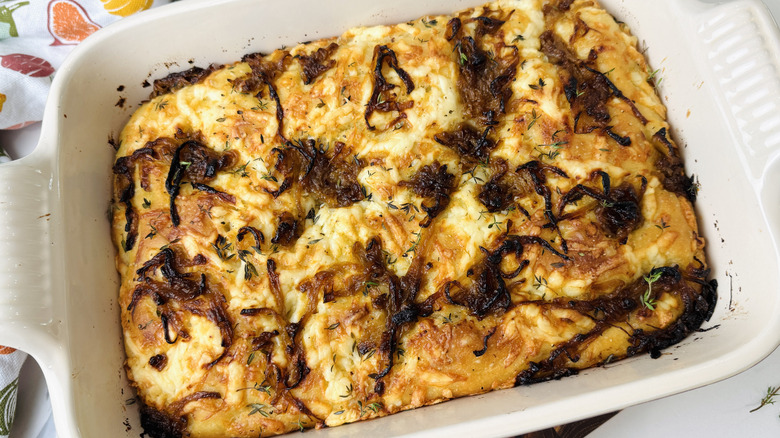Caramelized onion focaccia in baking dish