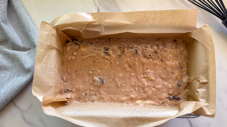 banana bread batter in loaf pan