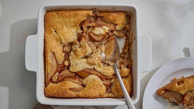 baked pear cobbler in a baking dish
